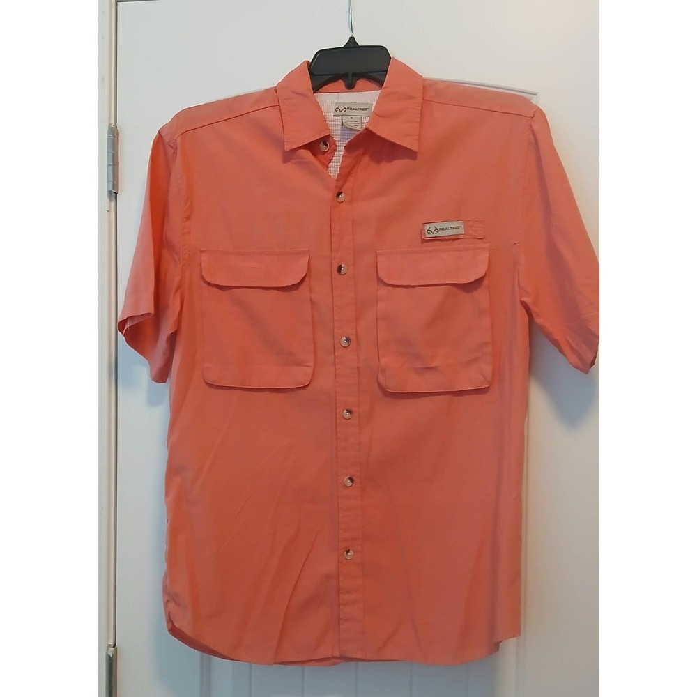 Realtree Mens Short Sleeve Fishing Shirt Coral Orange Mesh Vented Size M - Picture 1 of 5